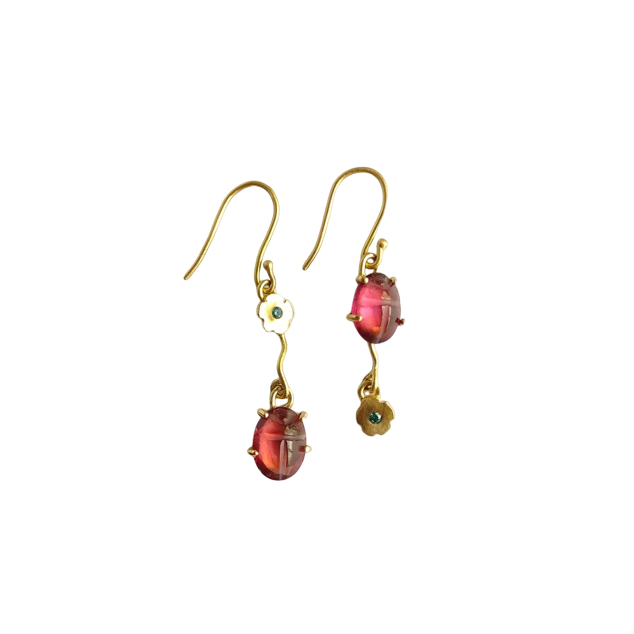 18K Rubellite Flower  Scarab Intaglio Earrings