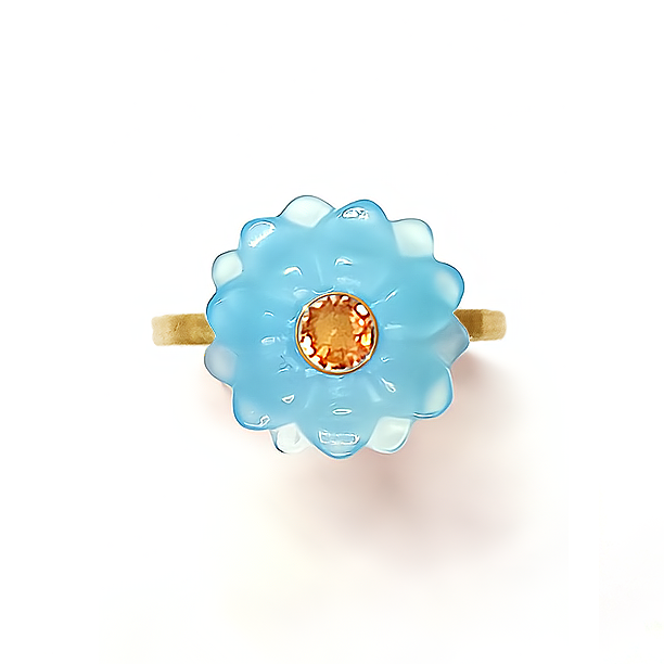 18K Blue Chalcedony Yellow Sapphire Intaglio Flower Ring